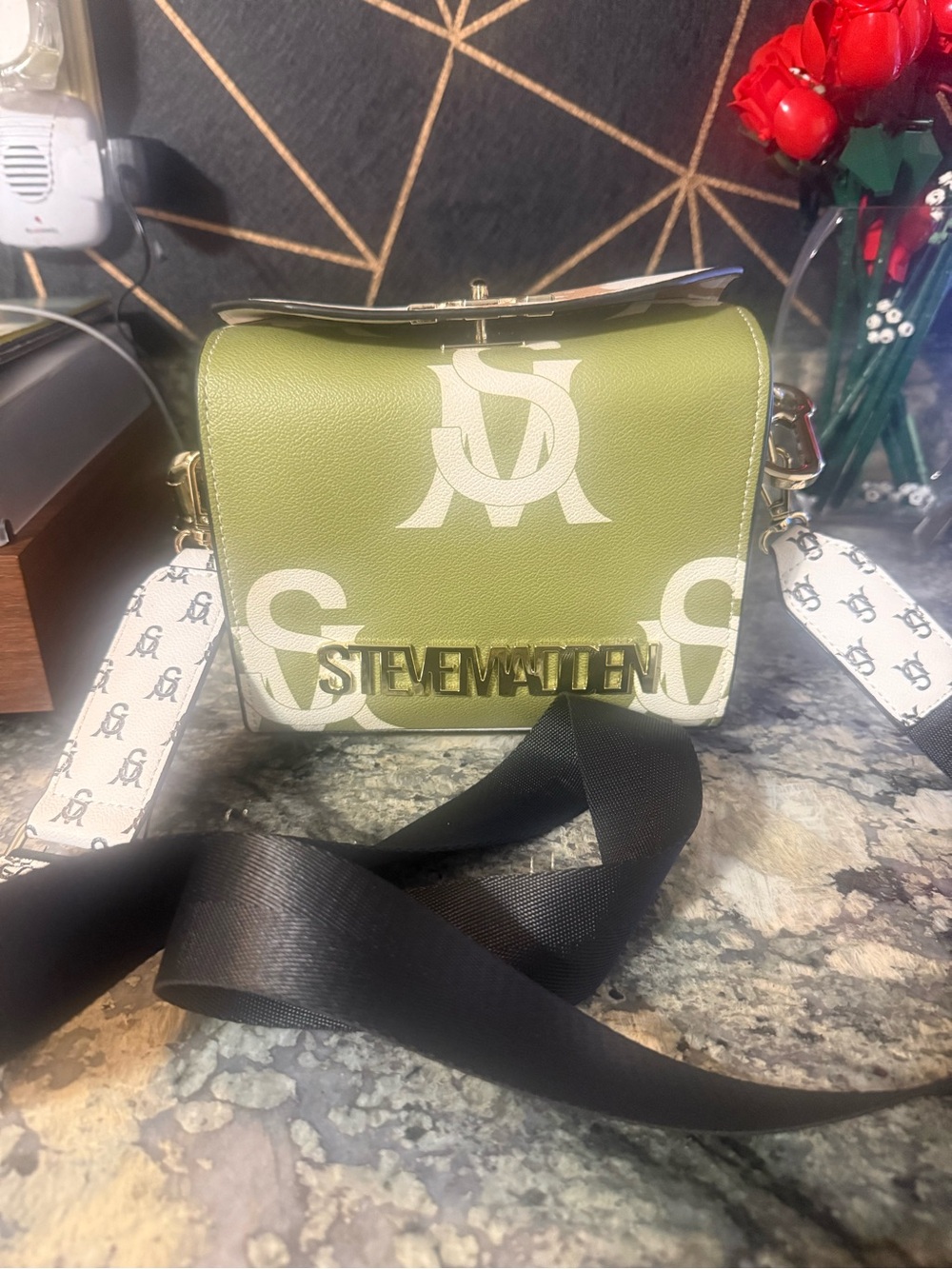 Steve Madden Olive Green Logo Shoulder Bag with White Monogram